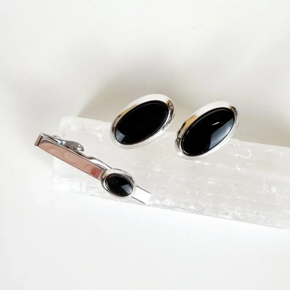 Swank Silver Tone and Black Glass Cufflinks with Matching Tie Clip